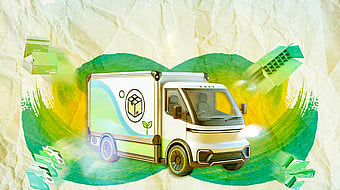 A graphical representation of the last mile in eCommerce deliveries with a truck on a colourful background surrounded by eCommerce packaging solutions.