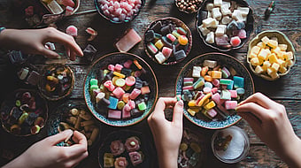 Overhead view of several hands reaching toward bowls filled with colourful sweets, marshmallows and confectionery on a wooden table. Multiple dishes containing assorted candies are arranged around the table, creating a shared snacking scene with a variety of shapes, colours and textures.